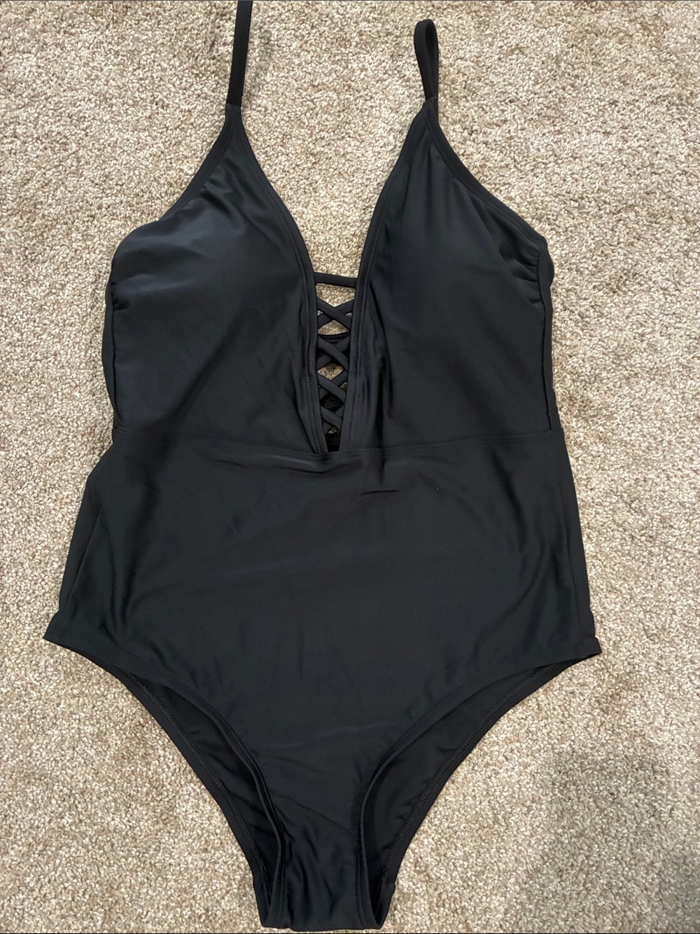 Kona Sol Black One-Piece Swimsuit with Lattice V-Neck